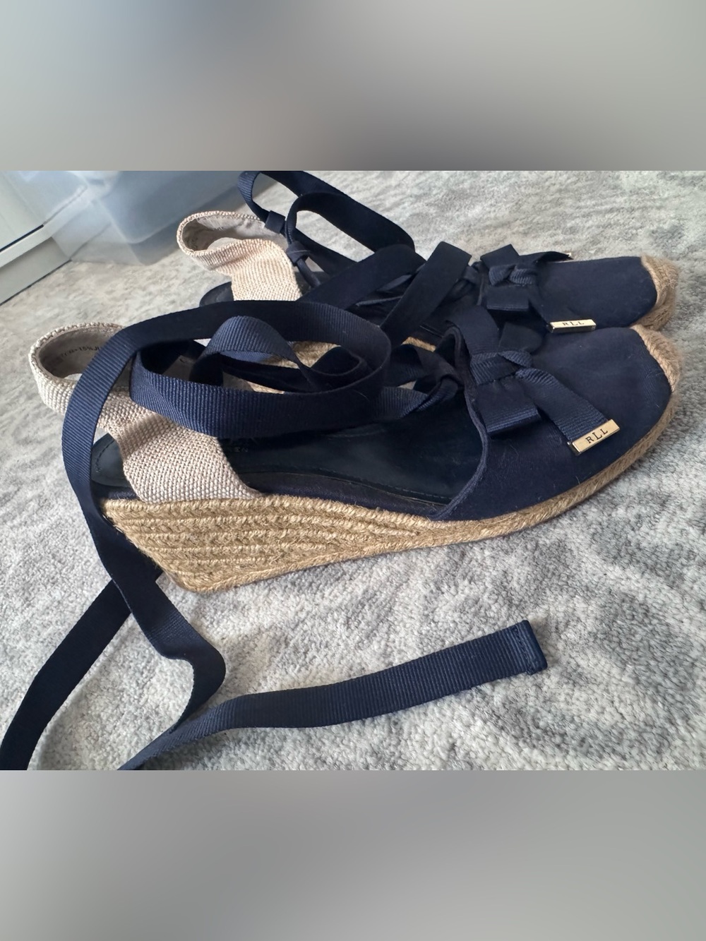 Ralph Lauren Navy Espadrille Wedge Sandals with Ankle Ties